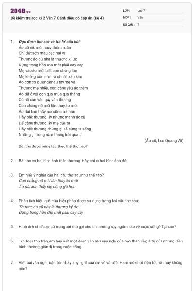 Đề kiểm tra học kì 2 Văn 7 Cánh diều có đáp án (Đề 4)