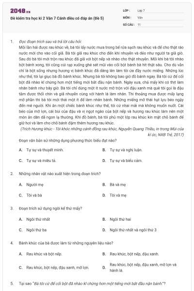 Đề kiểm tra học kì 2 Văn 7 Cánh diều có đáp án (Đề 5)