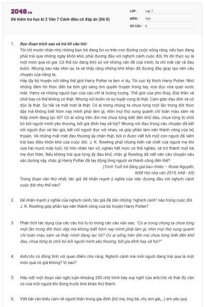 Đề kiểm tra học kì 2 Văn 7 Cánh diều có đáp án (Đề 8)