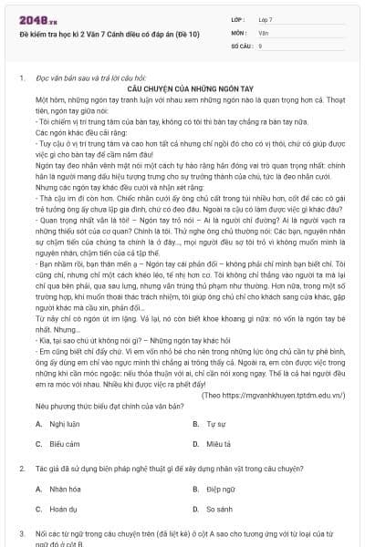 Đề kiểm tra học kì 2 Văn 7 Cánh diều có đáp án (Đề 10)
