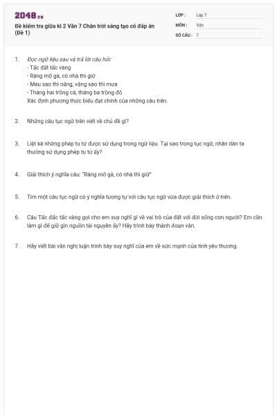 Đề kiểm tra giữa kì 2 Văn 7 Chân trời sáng tạo có đáp án (Đề 1)