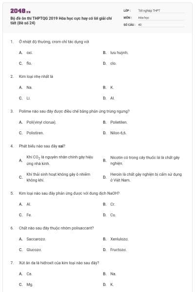 Bộ đề ôn thi THPTQG 2019 Hóa học cực hay có lời giải chi tiết (Đề số 24)