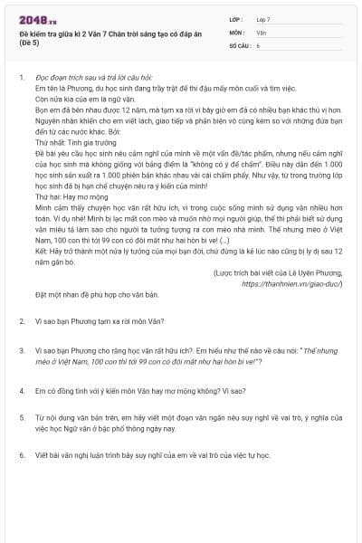 Đề kiểm tra giữa kì 2 Văn 7 Chân trời sáng tạo có đáp án (Đề 5)