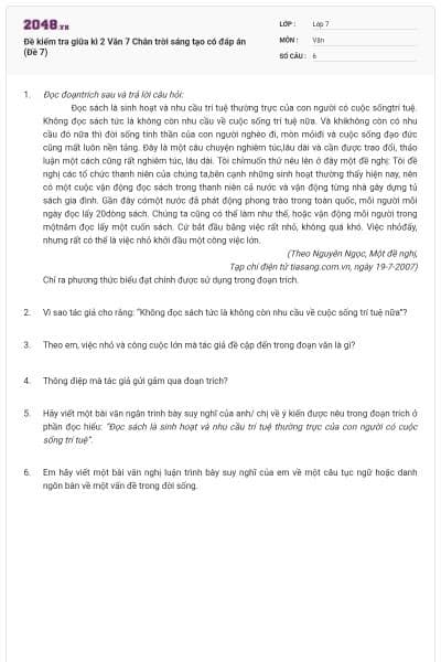 Đề kiểm tra giữa kì 2 Văn 7 Chân trời sáng tạo có đáp án (Đề 7)