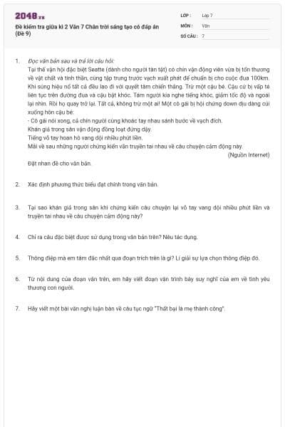 Đề kiểm tra giữa kì 2 Văn 7 Chân trời sáng tạo có đáp án (Đề 9)
