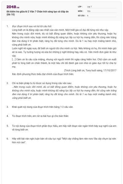 Đề kiểm tra giữa kì 2 Văn 7 Chân trời sáng tạo có đáp án (Đề 10)