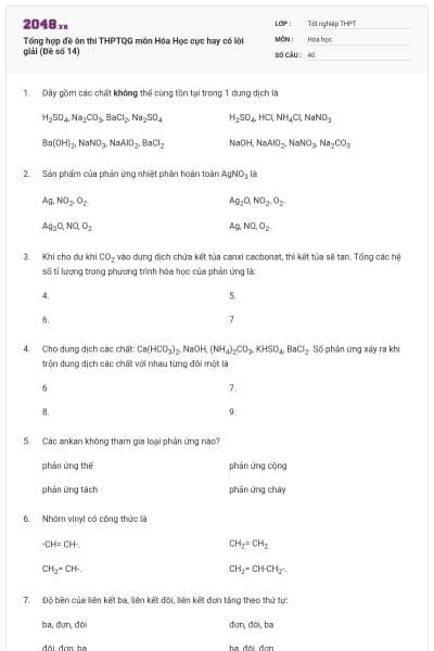 Tổng hợp đề ôn thi THPTQG môn Hóa Học cực hay có lời giải (Đề số 14)
