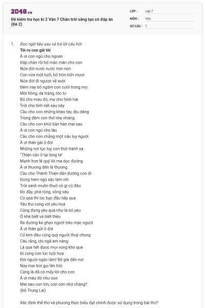 Đề kiểm tra học kì 2 Văn 7 Chân trời sáng tạo có đáp án (Đề 2)