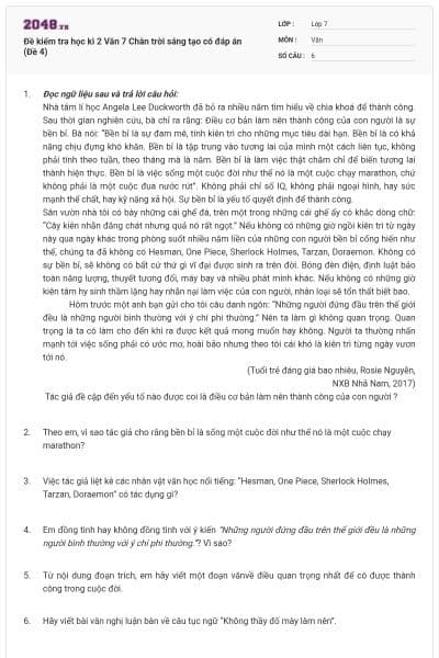 Đề kiểm tra học kì 2 Văn 7 Chân trời sáng tạo có đáp án (Đề 4)