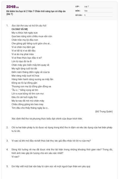 Đề kiểm tra học kì 2 Văn 7 Chân trời sáng tạo có đáp án (Đề 7)
