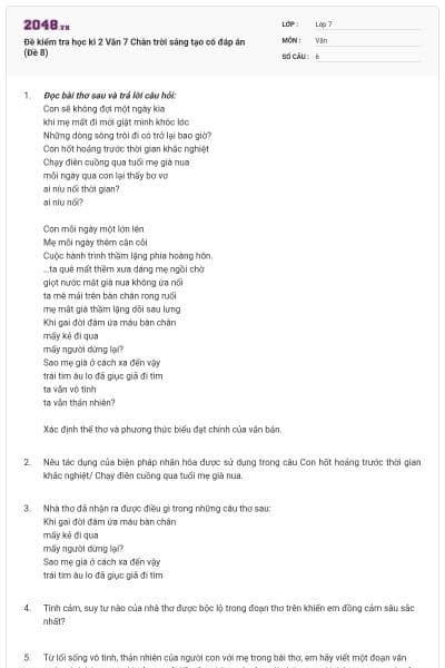 Đề kiểm tra học kì 2 Văn 7 Chân trời sáng tạo có đáp án (Đề 8)