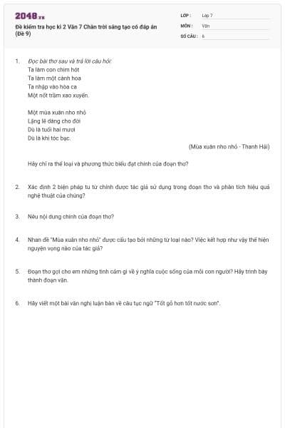 Đề kiểm tra học kì 2 Văn 7 Chân trời sáng tạo có đáp án (Đề 9)