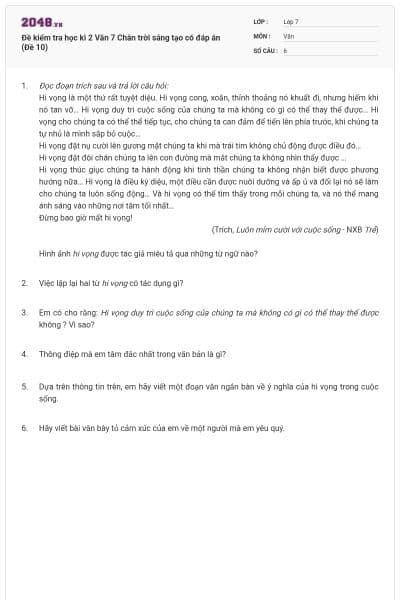 Đề kiểm tra học kì 2 Văn 7 Chân trời sáng tạo có đáp án (Đề 10)