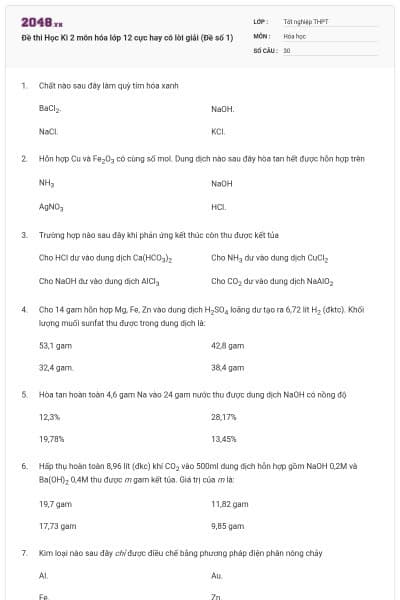 Đề thi Học Kì 2 môn hóa lớp 12 cực hay có lời giải (Đề số 1)