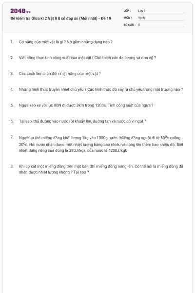 Đề kiểm tra Giữa kì 2 Vật lí 8 có đáp án (Mới nhất) - Đề 19