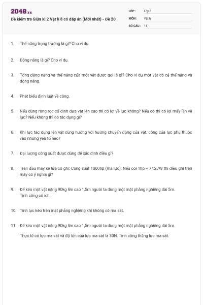 Đề kiểm tra Giữa kì 2 Vật lí 8 có đáp án (Mới nhất) - Đề 20