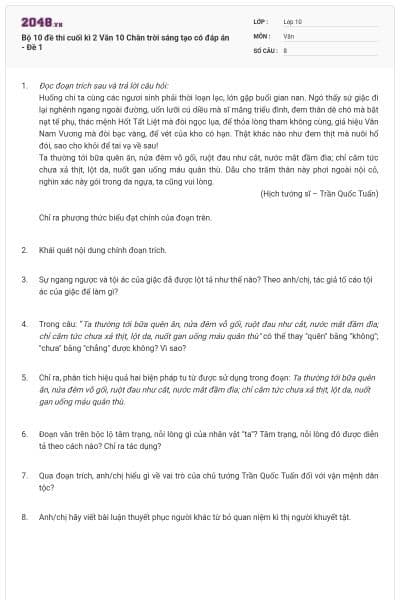 Bộ 10 đề thi cuối kì 2 Văn 10 Chân trời sáng tạo có đáp án - Đề 1