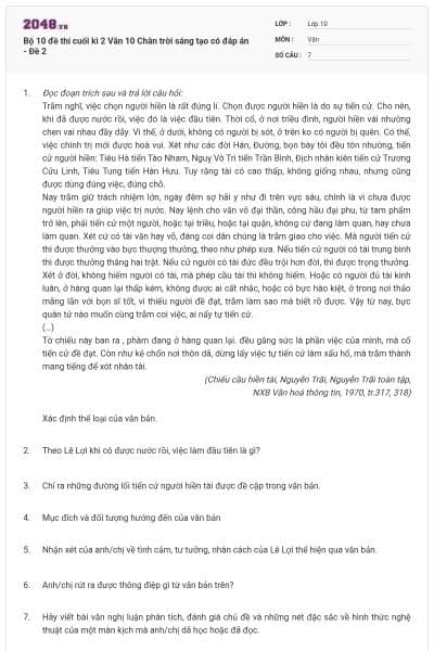 Bộ 10 đề thi cuối kì 2 Văn 10 Chân trời sáng tạo có đáp án - Đề 2