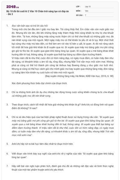 Bộ 10 đề thi cuối kì 2 Văn 10 Chân trời sáng tạo có đáp án - Đề 3