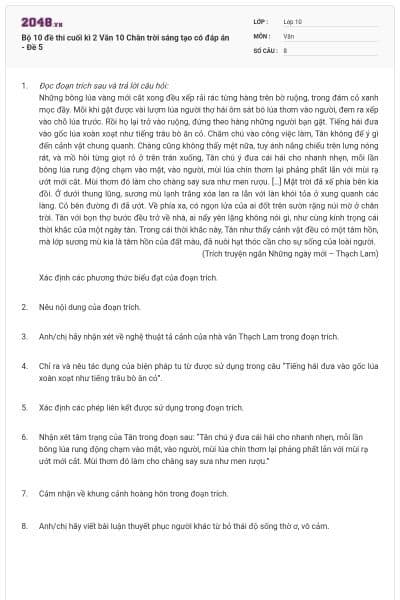 Bộ 10 đề thi cuối kì 2 Văn 10 Chân trời sáng tạo có đáp án - Đề 5