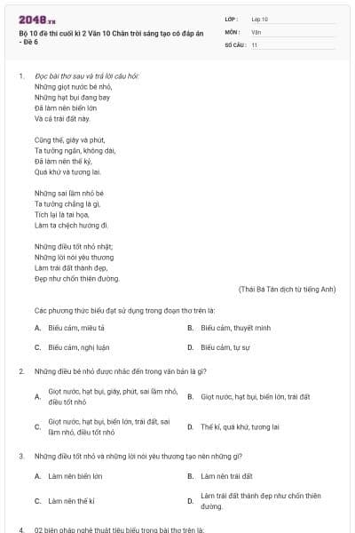 Bộ 10 đề thi cuối kì 2 Văn 10 Chân trời sáng tạo có đáp án - Đề 6