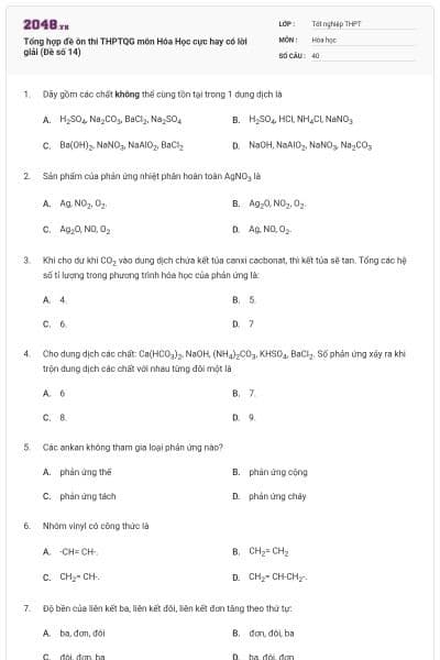 Tổng hợp đề ôn thi THPTQG môn Hóa Học cực hay có lời giải (Đề số 14)