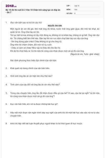 Bộ 10 đề thi cuối kì 2 Văn 10 Chân trời sáng tạo có đáp án - Đề 7