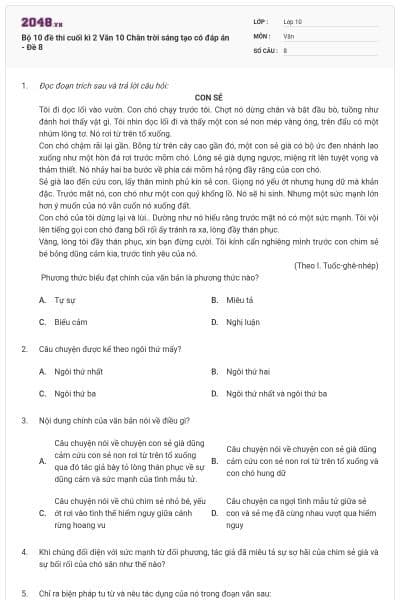 Bộ 10 đề thi cuối kì 2 Văn 10 Chân trời sáng tạo có đáp án - Đề 8