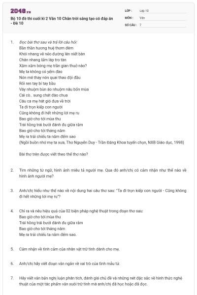 Bộ 10 đề thi cuối kì 2 Văn 10 Chân trời sáng tạo có đáp án - Đề 10