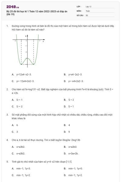 Bộ 25 đề thi học kì 1 Toán 12 năm 2022-2023 có đáp án (Đề 19)