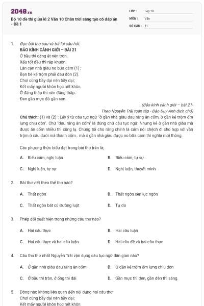 Bộ 10 đề thi giữa kì 2 Văn 10 Chân trời sáng tạo có đáp án - Đề 1