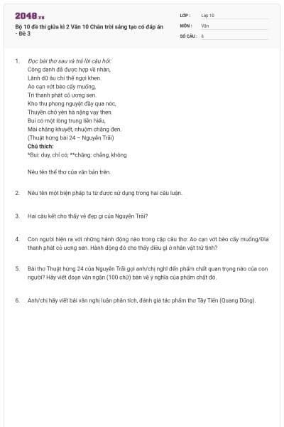 Bộ 10 đề thi giữa kì 2 Văn 10 Chân trời sáng tạo có đáp án - Đề 3