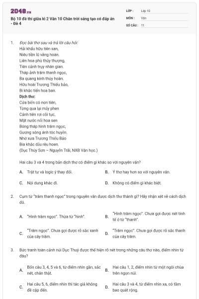 Bộ 10 đề thi giữa kì 2 Văn 10 Chân trời sáng tạo có đáp án - Đề 4
