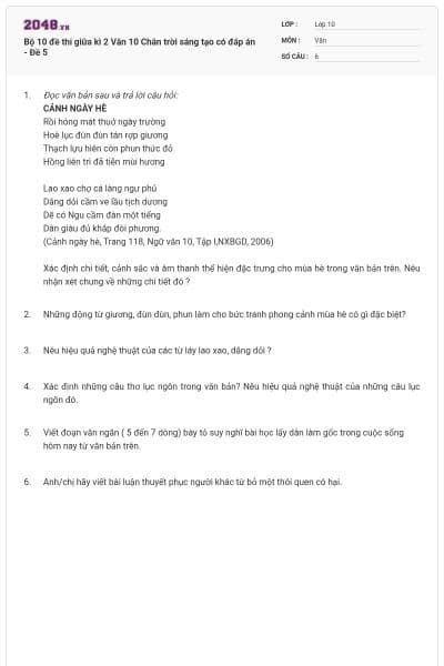Bộ 10 đề thi giữa kì 2 Văn 10 Chân trời sáng tạo có đáp án - Đề 5