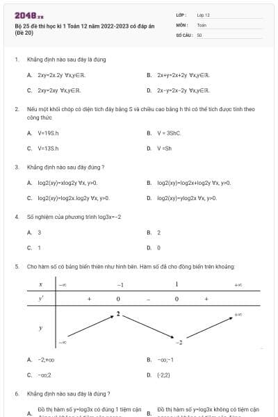 Bộ 25 đề thi học kì 1 Toán 12 năm 2022-2023 có đáp án (Đề 20)