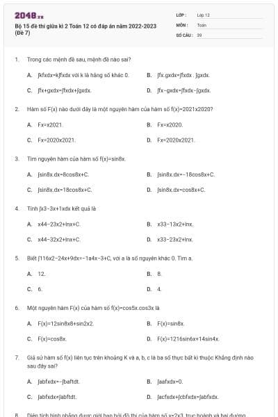 Bộ 15 đề thi giữa kì 2 Toán 12 có đáp án năm 2022-2023 (Đề 7)