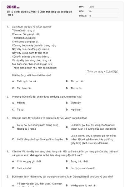 Bộ 10 đề thi giữa kì 2 Văn 10 Chân trời sáng tạo có đáp án - Đề 8