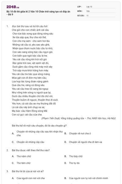 Bộ 10 đề thi giữa kì 2 Văn 10 Chân trời sáng tạo có đáp án - Đề 9
