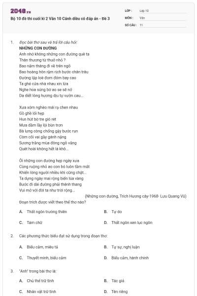 Bộ 10 đề thi cuối kì 2 Văn 10 Cánh diều có đáp án - Đề 3