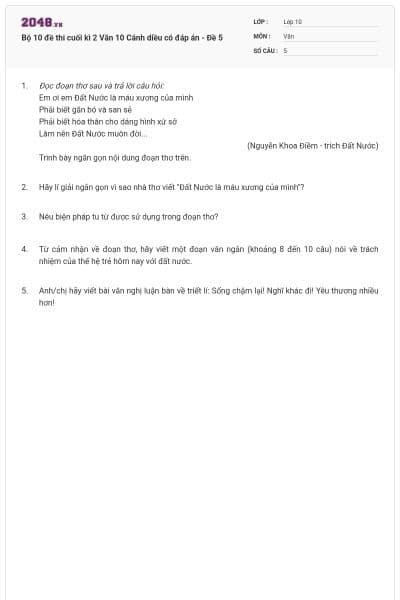 Bộ 10 đề thi cuối kì 2 Văn 10 Cánh diều có đáp án - Đề 5