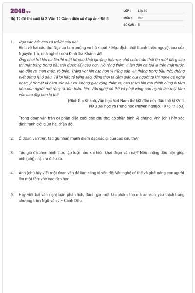 Bộ 10 đề thi cuối kì 2 Văn 10 Cánh diều có đáp án - Đề 8