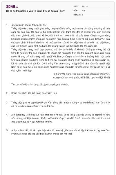 Bộ 10 đề thi cuối kì 2 Văn 10 Cánh diều có đáp án - Đề 9