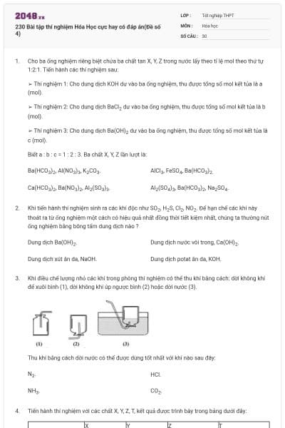 230 Bài tập thí nghiệm Hóa Học cực hay có đáp án(Đề số 4)