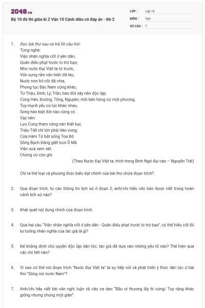 Bộ 10 đề thi giữa kì 2 Văn 10 Cánh diều có đáp án - Đề 2