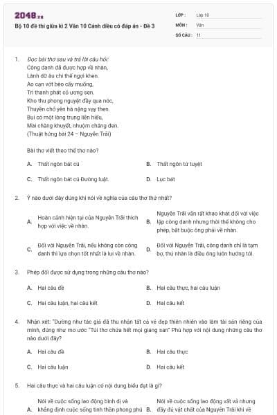 Bộ 10 đề thi giữa kì 2 Văn 10 Cánh diều có đáp án - Đề 3