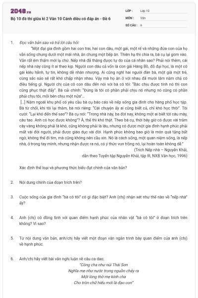 Bộ 10 đề thi giữa kì 2 Văn 10 Cánh diều có đáp án - Đề 6