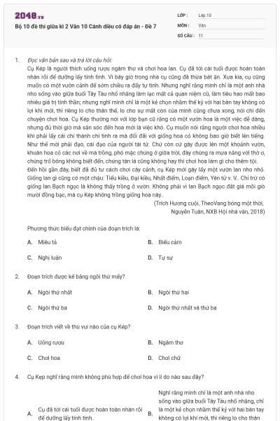 Bộ 10 đề thi giữa kì 2 Văn 10 Cánh diều có đáp án - Đề 7