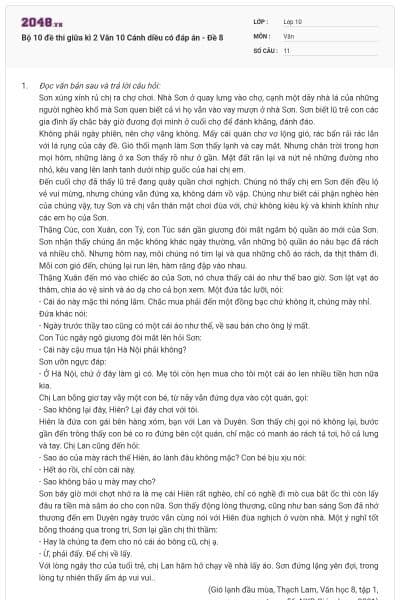 Bộ 10 đề thi giữa kì 2 Văn 10 Cánh diều có đáp án - Đề 8