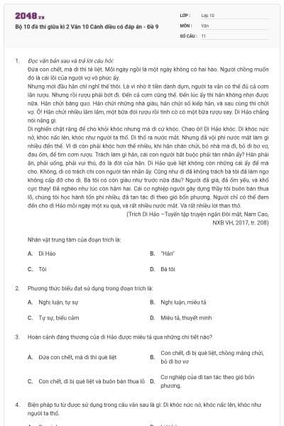 Bộ 10 đề thi giữa kì 2 Văn 10 Cánh diều có đáp án - Đề 9