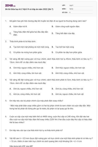 Đề thi Giữa học kì 2 Vật lí 9 có đáp án năm 2022 (Đề 7)